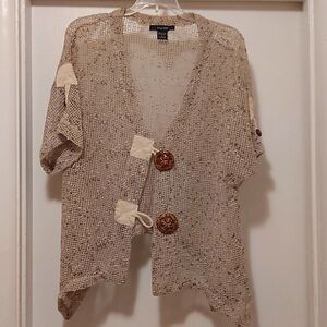 Kaktus Women Lagenlook Cardigan Large Cream Asymmetric Open Knit Wood Buttons
